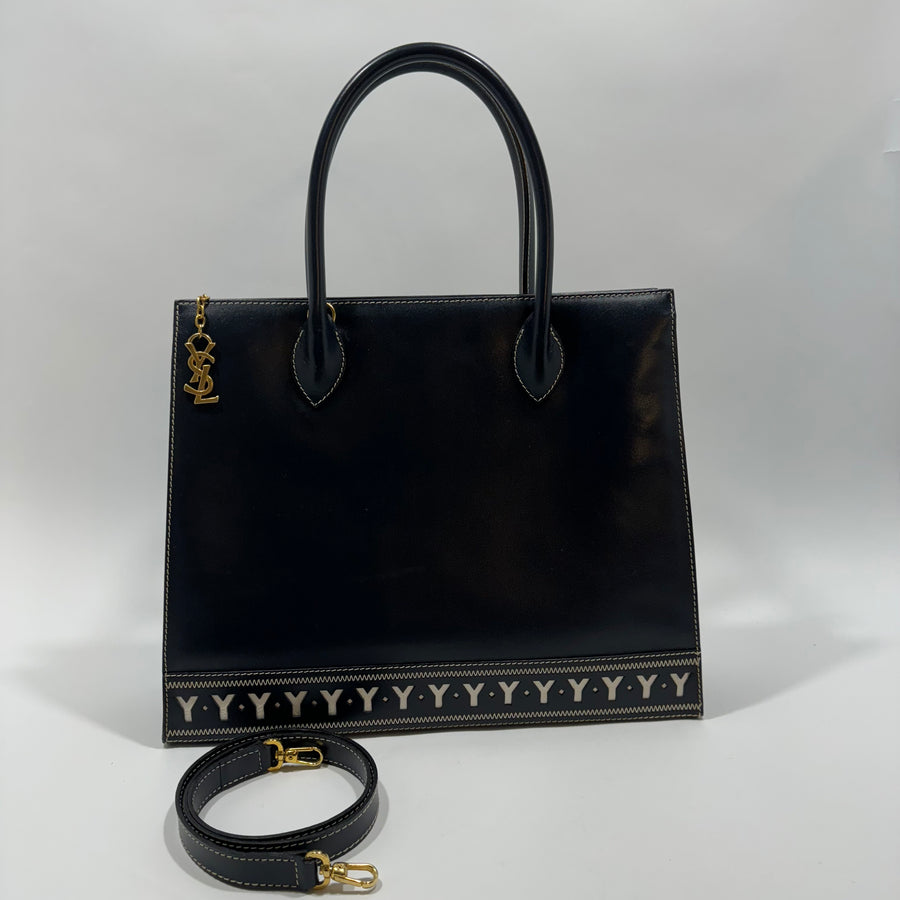 YSL Saint Laurent Y Embossed Navy Two-way Tote Bag