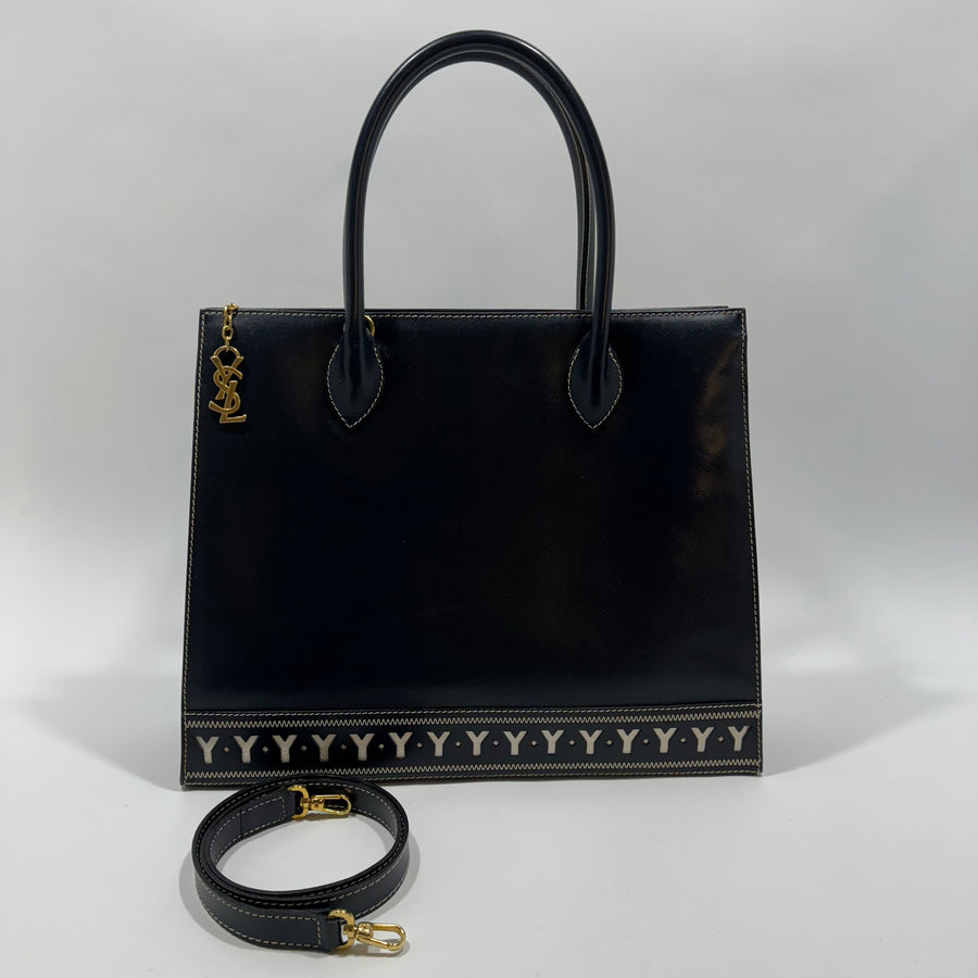 YSL Saint Laurent Y Embossed Navy Two-way Tote Bag