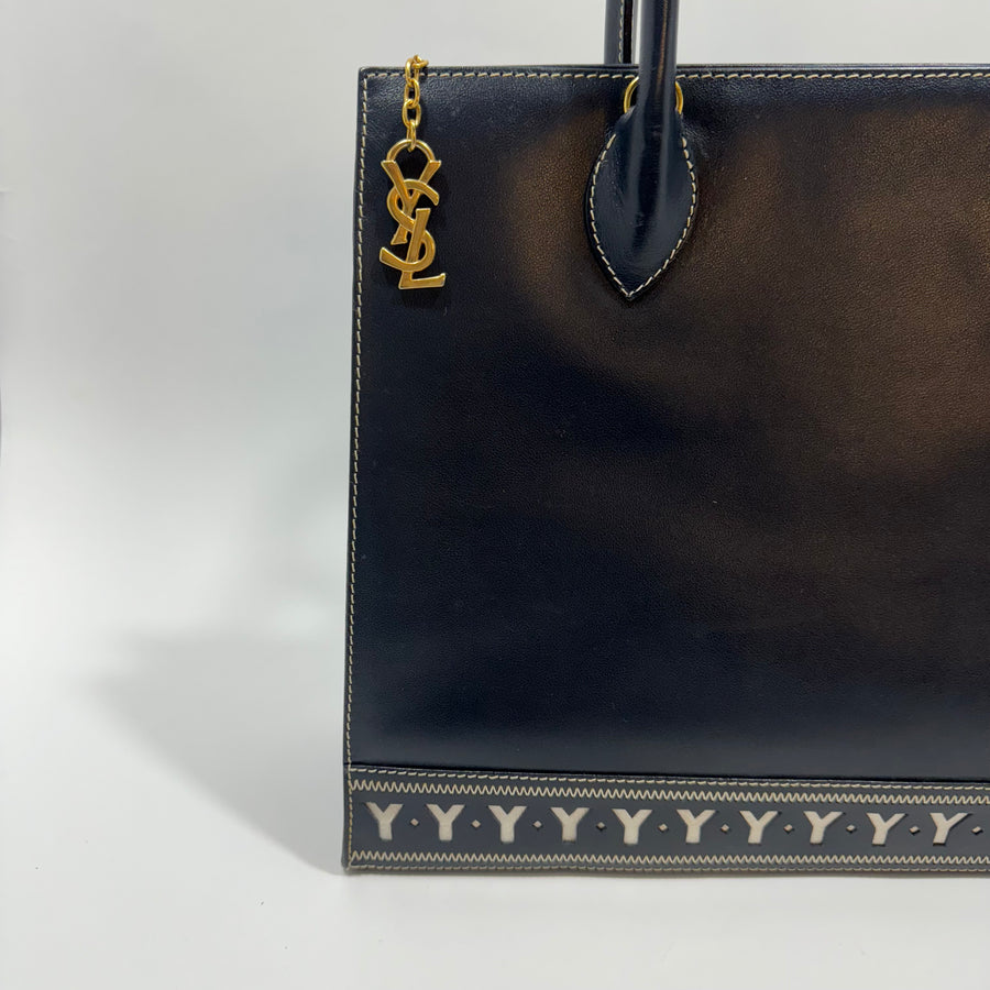 YSL Saint Laurent Y Embossed Navy Two-way Tote Bag