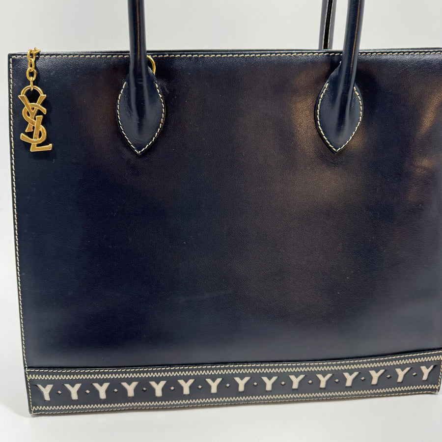 YSL Saint Laurent Y Embossed Navy Two-way Tote Bag
