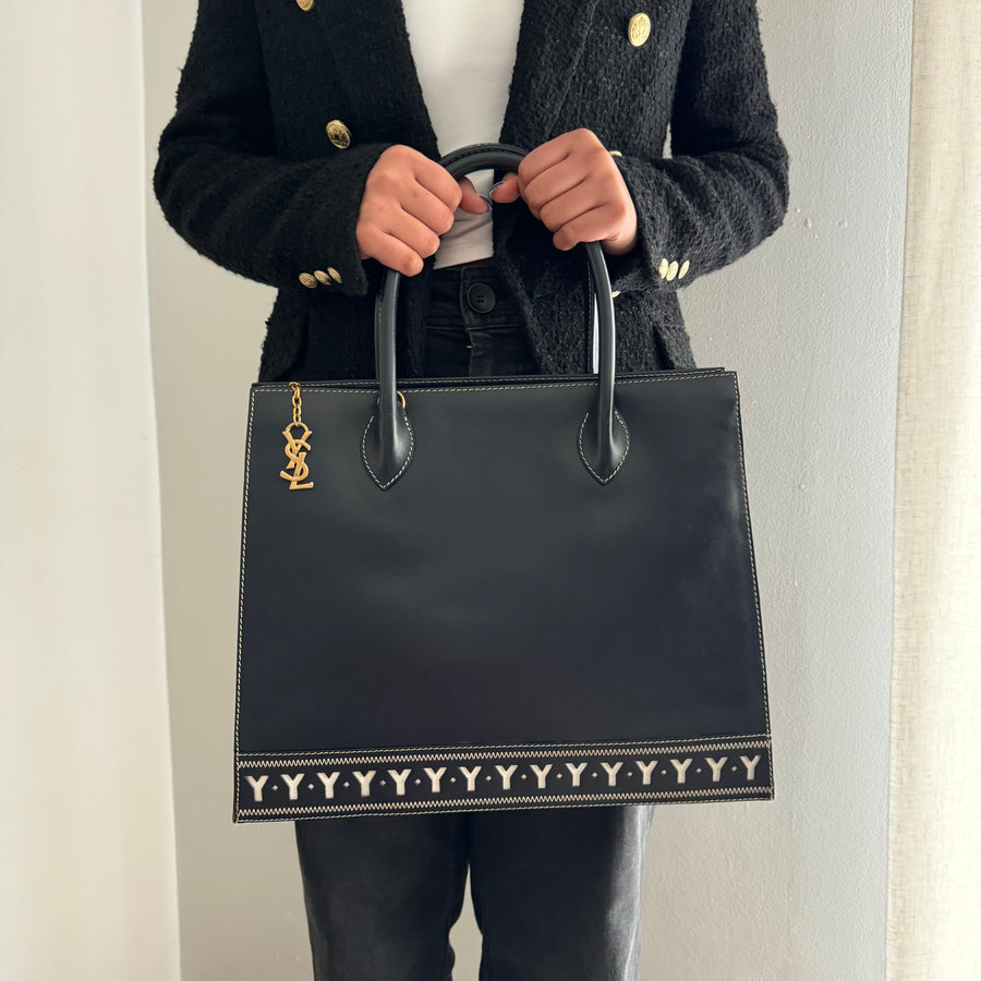 YSL Saint Laurent Y Embossed Navy Two-way Tote Bag