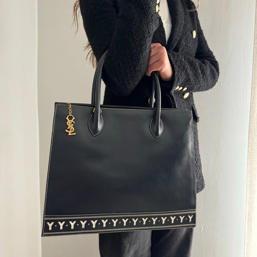 YSL Saint Laurent Y Embossed Navy Two-way Tote Bag