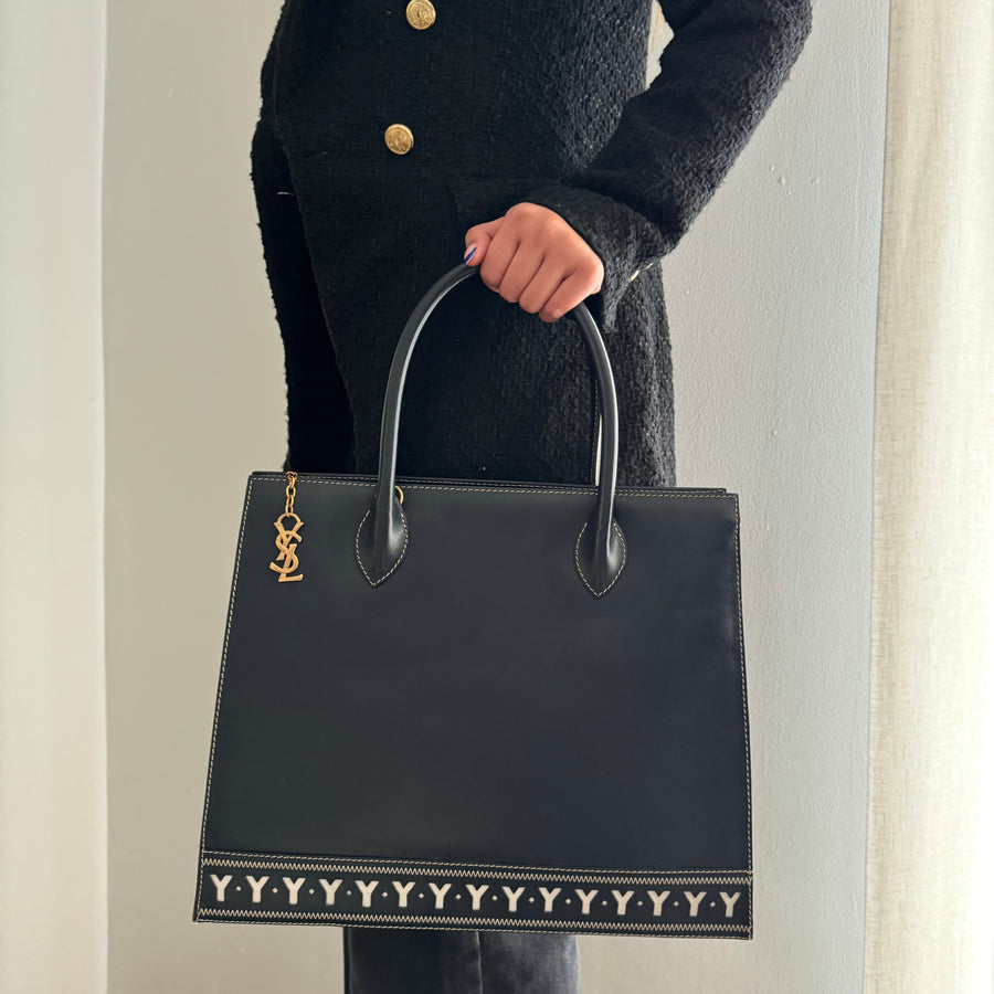 YSL Saint Laurent Y Embossed Navy Two-way Tote Bag