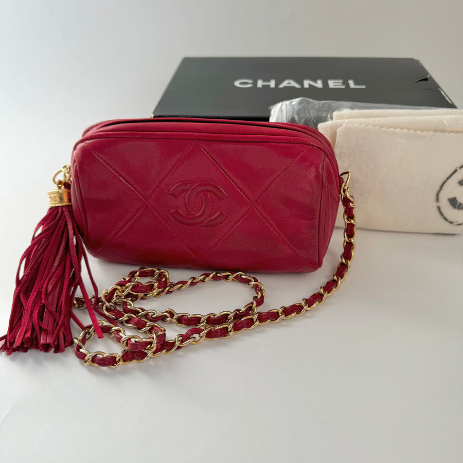 Chanel Vintage Diamond CC Barrel Bag Quilted Mini Red