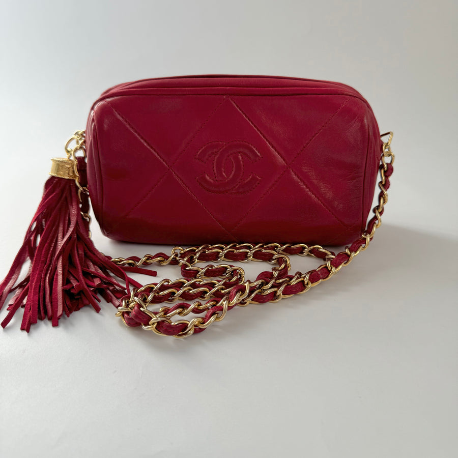 Chanel Vintage Diamond CC Barrel Bag Quilted Mini Red