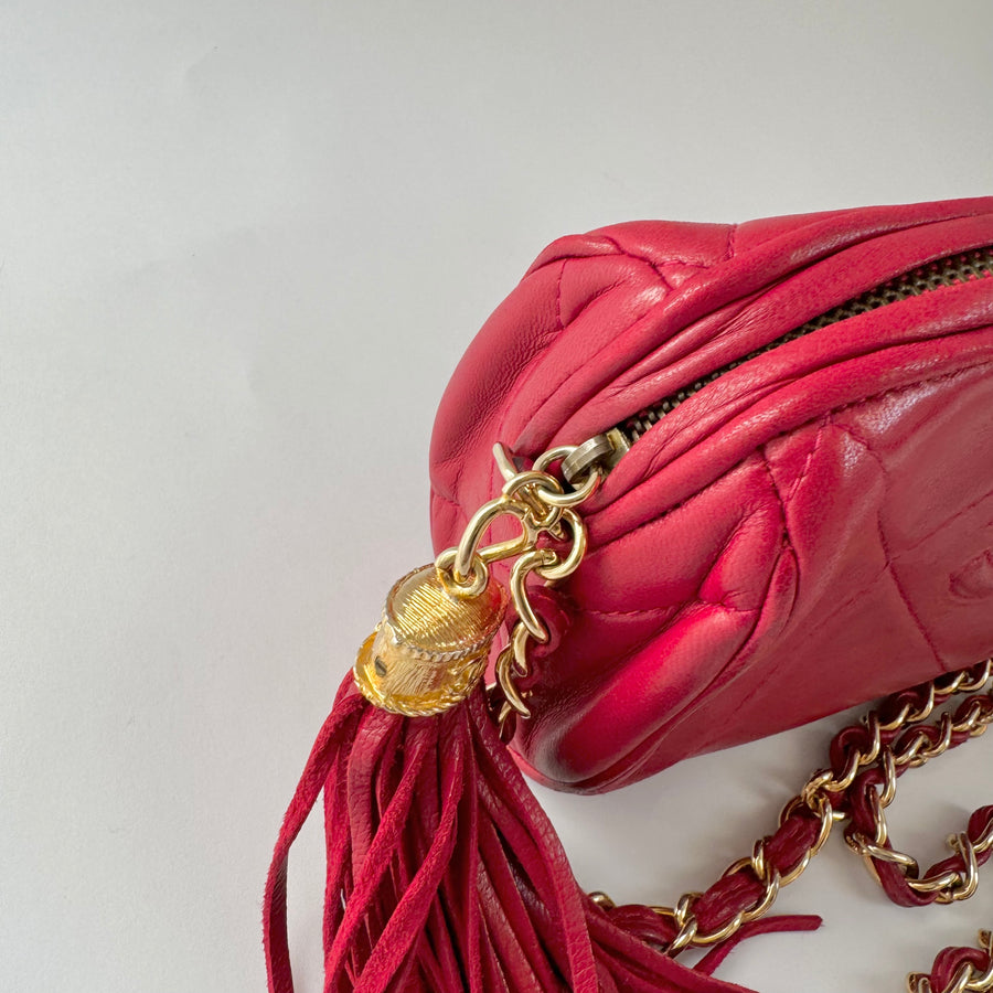 Chanel Vintage Diamond CC Barrel Bag Quilted Mini Red