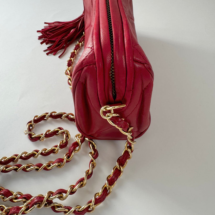 Chanel Vintage Diamond CC Barrel Bag Quilted Mini Red