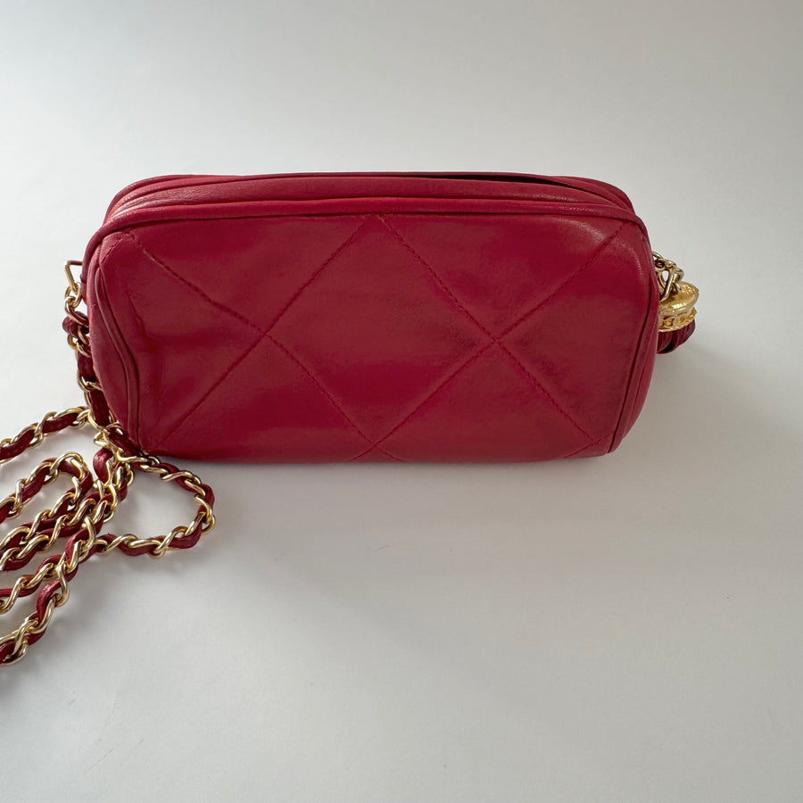 Chanel Vintage Diamond CC Barrel Bag Quilted Mini Red
