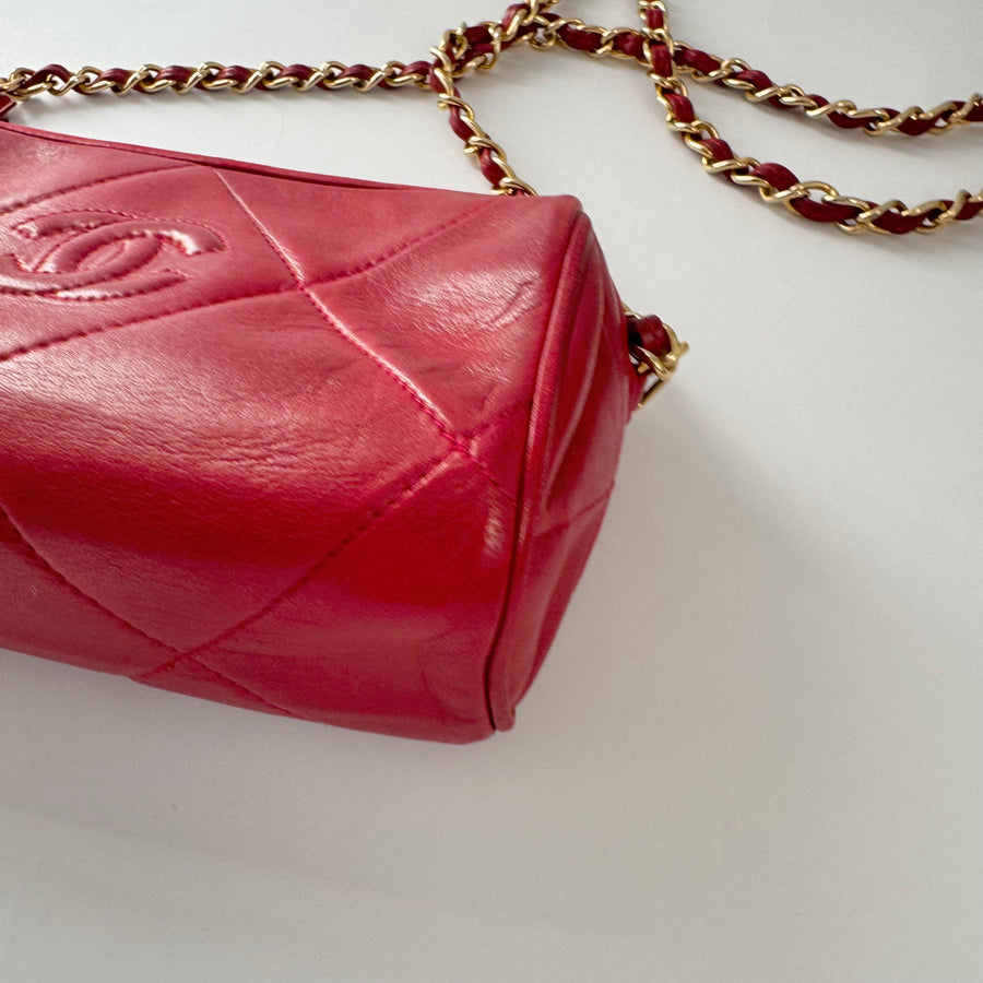 Chanel Vintage Diamond CC Barrel Bag Quilted Mini Red