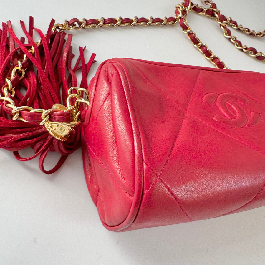 Chanel Vintage Diamond CC Barrel Bag Quilted Mini Red