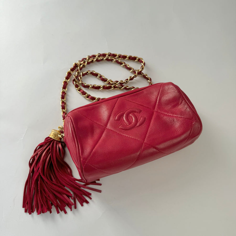 Chanel Vintage Diamond CC Barrel Bag Quilted Mini Red