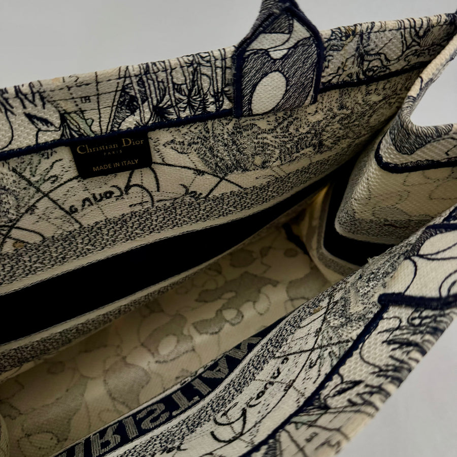 CHRISTIAN DIOR Canvas Embroidered Around The World Book Large Tote Blue