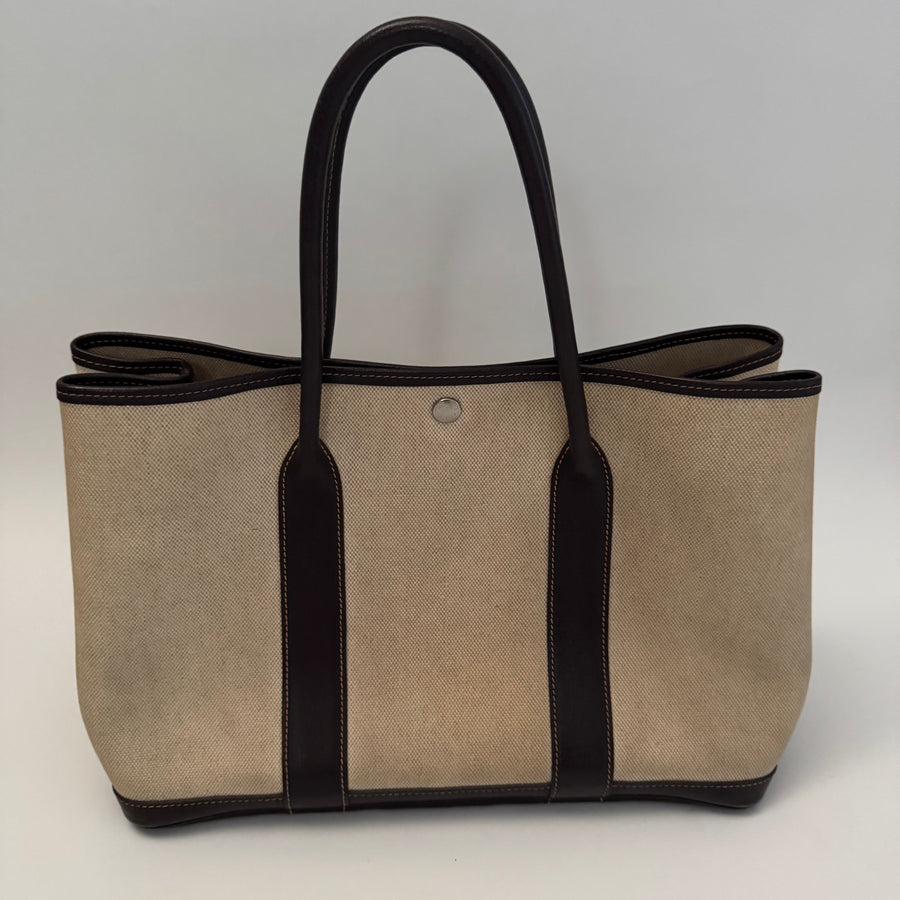 HERMES Toile Buffle Gala Garden Party Tote 36 MM Marron Fonce