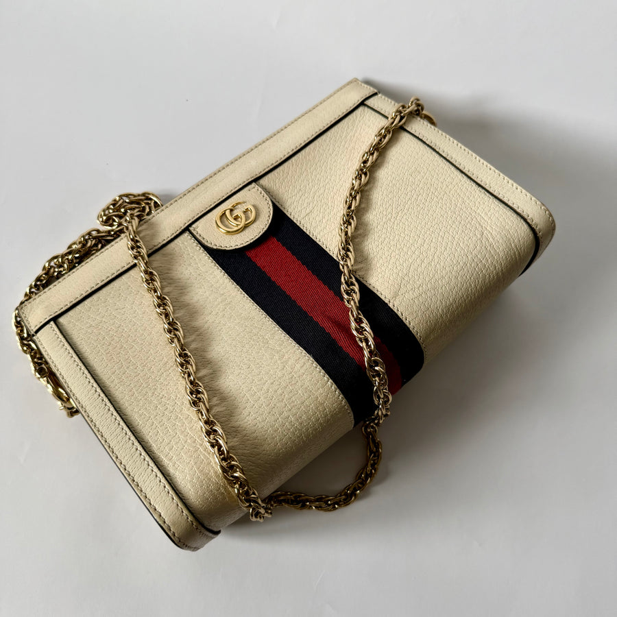 GUCCI GG Ophidia Small Shoulder Bag, Mystic White (Cream) Calfskin Leather
