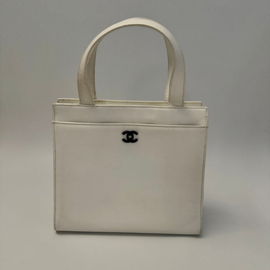 Chanel Vintage CC Lock Tote Caviar Medium White Leather