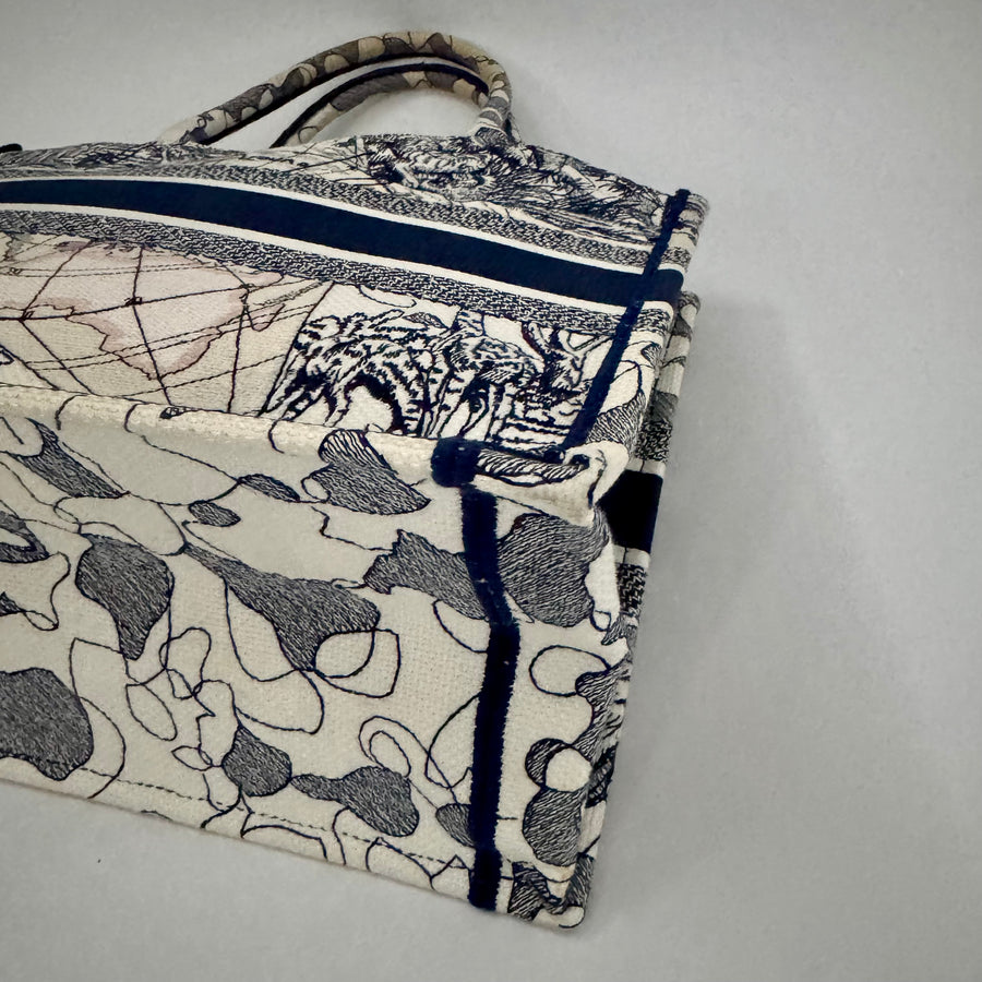 CHRISTIAN DIOR Canvas Embroidered Around The World Book Large Tote Blue