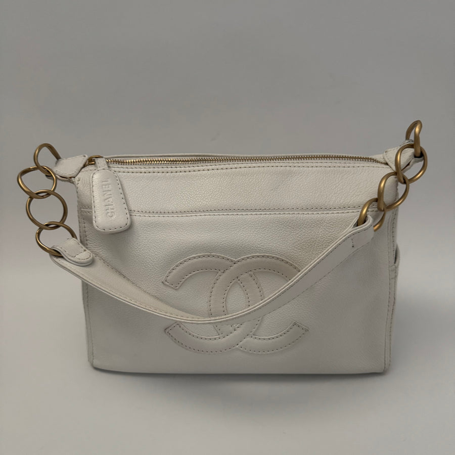 CHANEL Calfskin Timeless CC Shoulder Bag, White