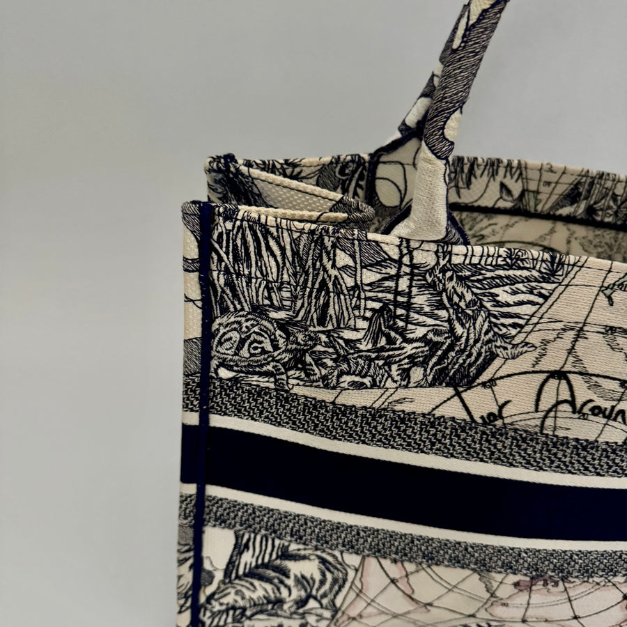CHRISTIAN DIOR Canvas Embroidered Around The World Book Large Tote Blue
