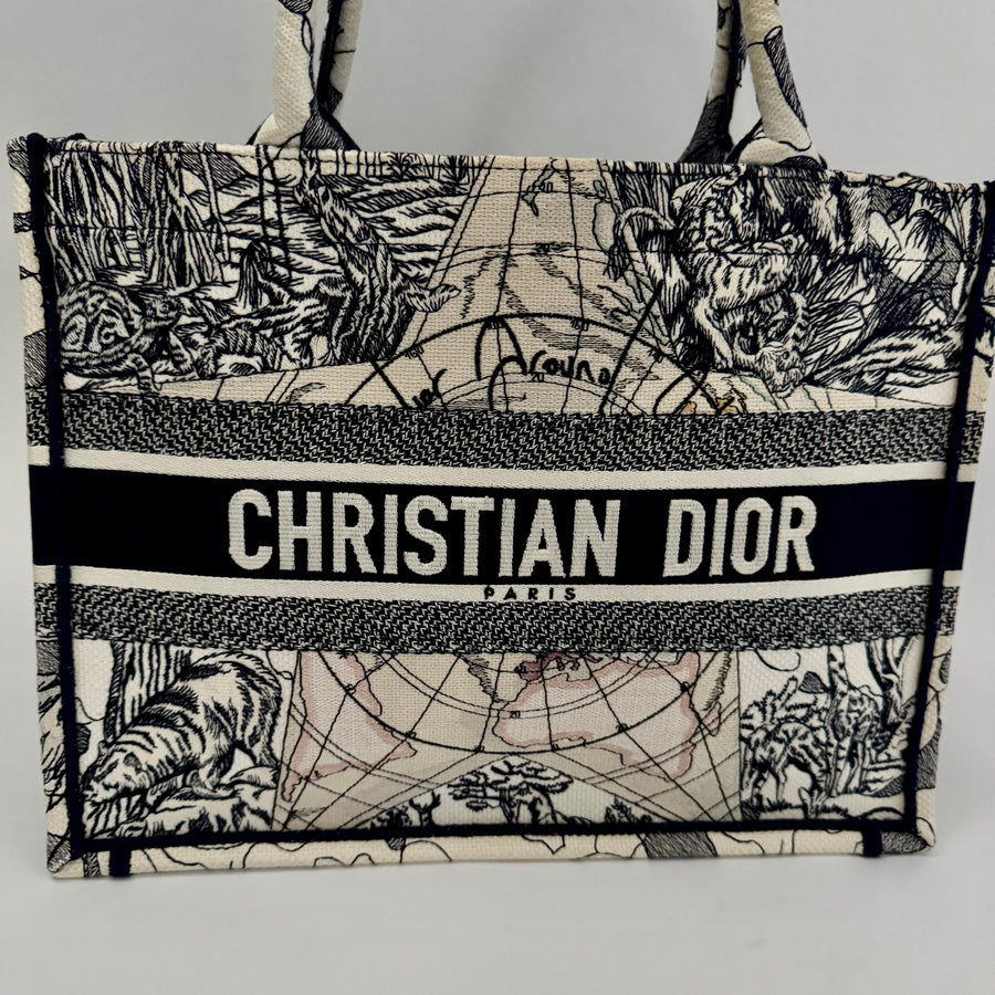 CHRISTIAN DIOR Canvas Embroidered Around The World Book Large Tote Blue