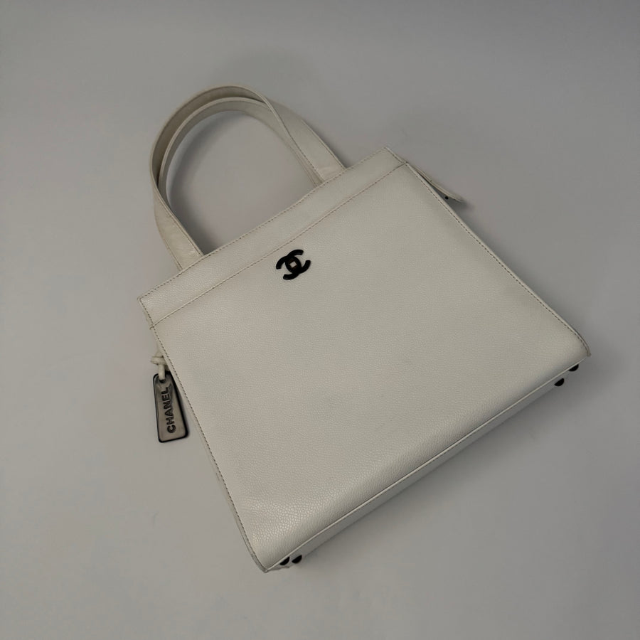 Chanel Vintage CC Lock Tote Caviar Medium White Leather