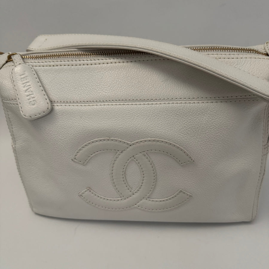 CHANEL Calfskin Timeless CC Shoulder Bag, White