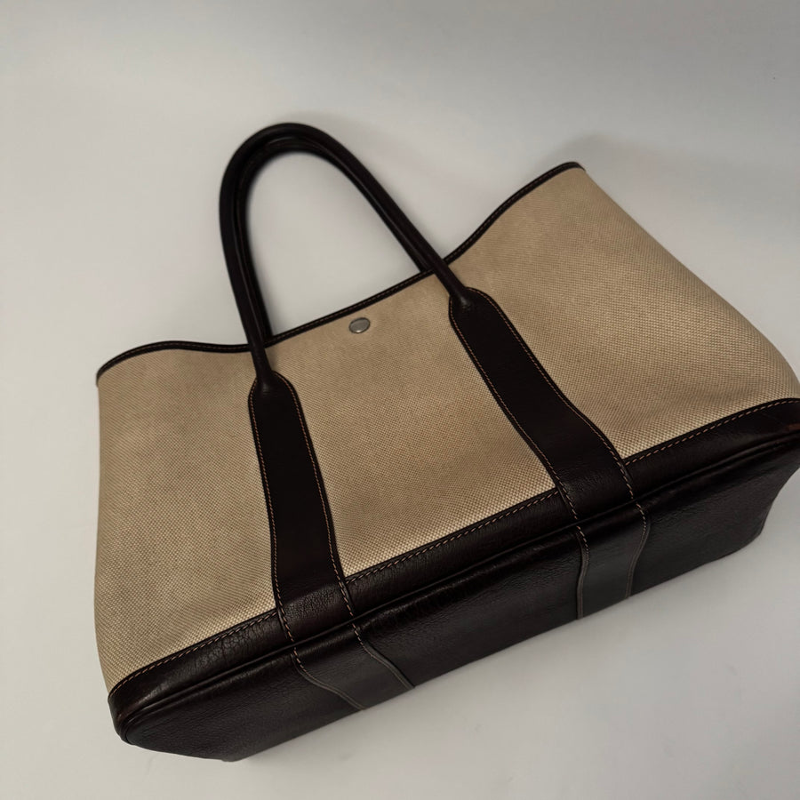 HERMES Toile Buffle Gala Garden Party Tote 36 MM Marron Fonce