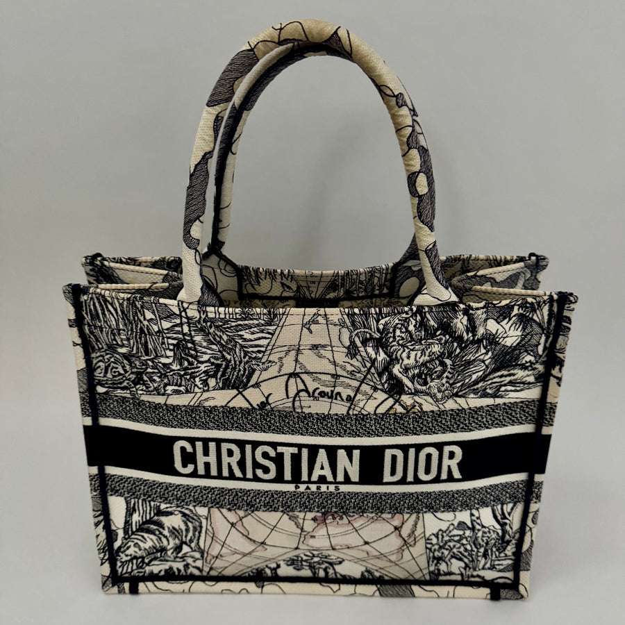 CHRISTIAN DIOR Canvas Embroidered Around The World Book Large Tote Blue