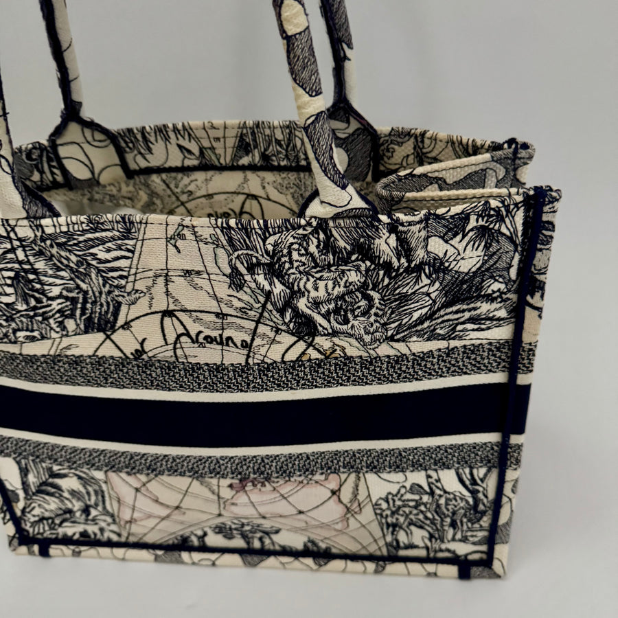 CHRISTIAN DIOR Canvas Embroidered Around The World Book Large Tote Blue
