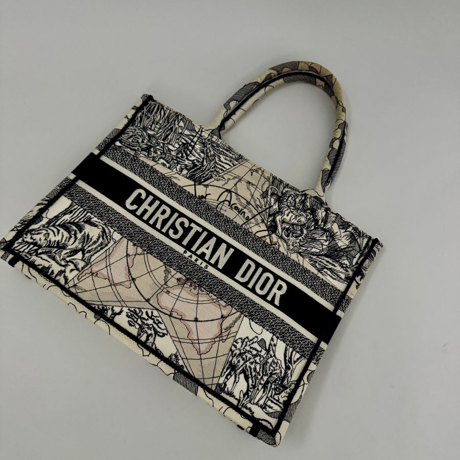 CHRISTIAN DIOR Canvas Embroidered Around The World Book Large Tote Blue