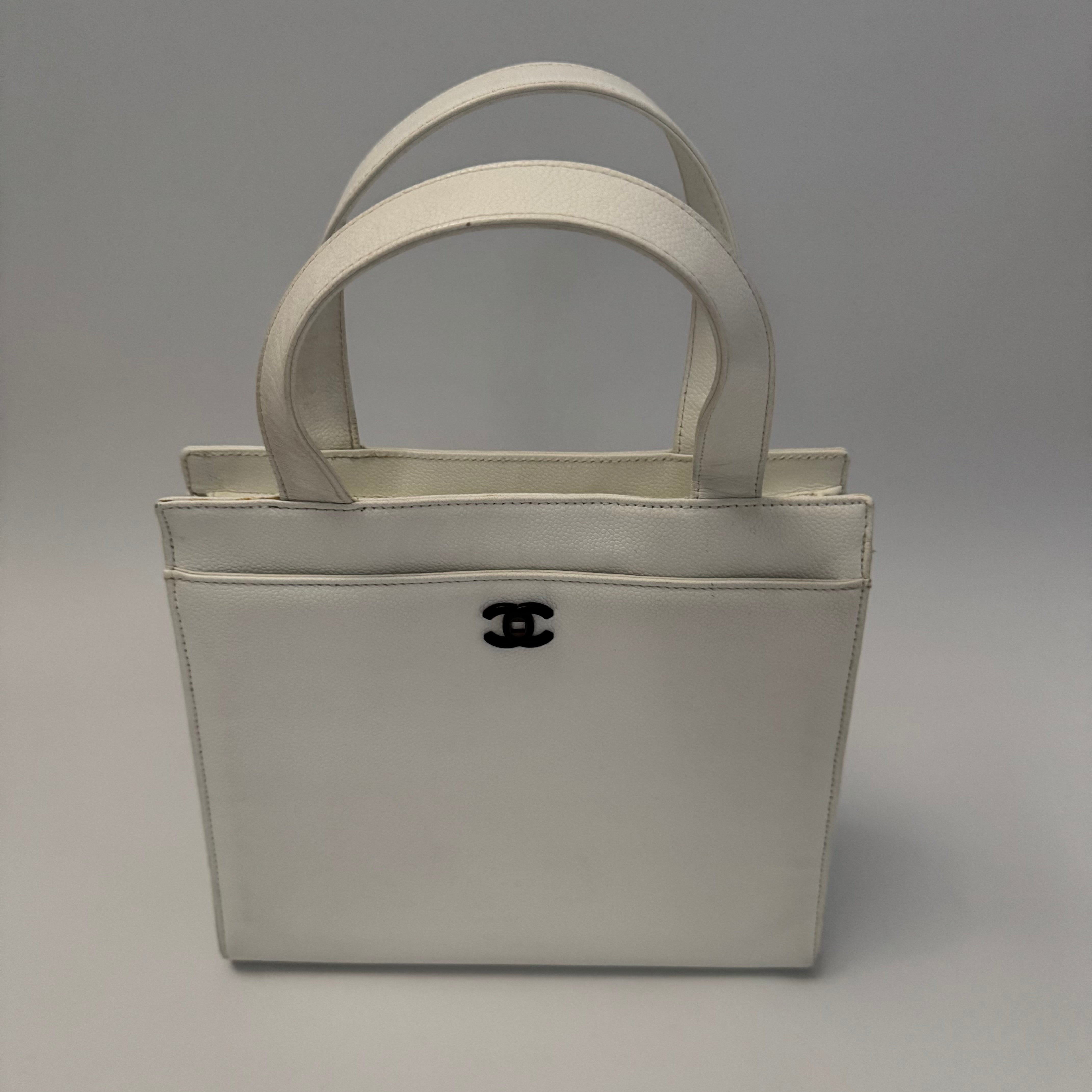 Chanel Vintage CC Lock Tote Caviar Medium White Leather