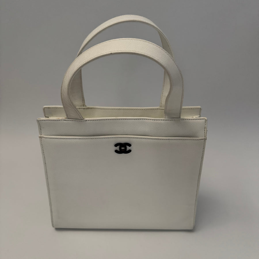 Chanel Vintage CC Lock Tote Caviar Medium White Leather