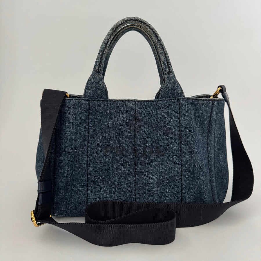 PRADA Denim Canapa Logo Tote Bleu