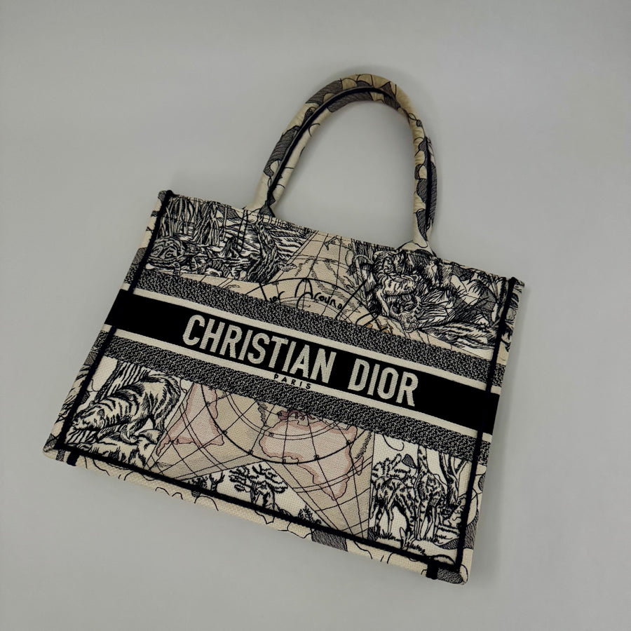 CHRISTIAN DIOR Canvas Embroidered Around The World Book Large Tote Blue