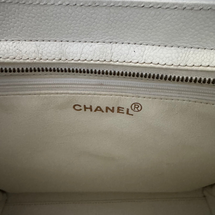 Chanel Vintage CC Lock Tote Caviar Medium White Leather