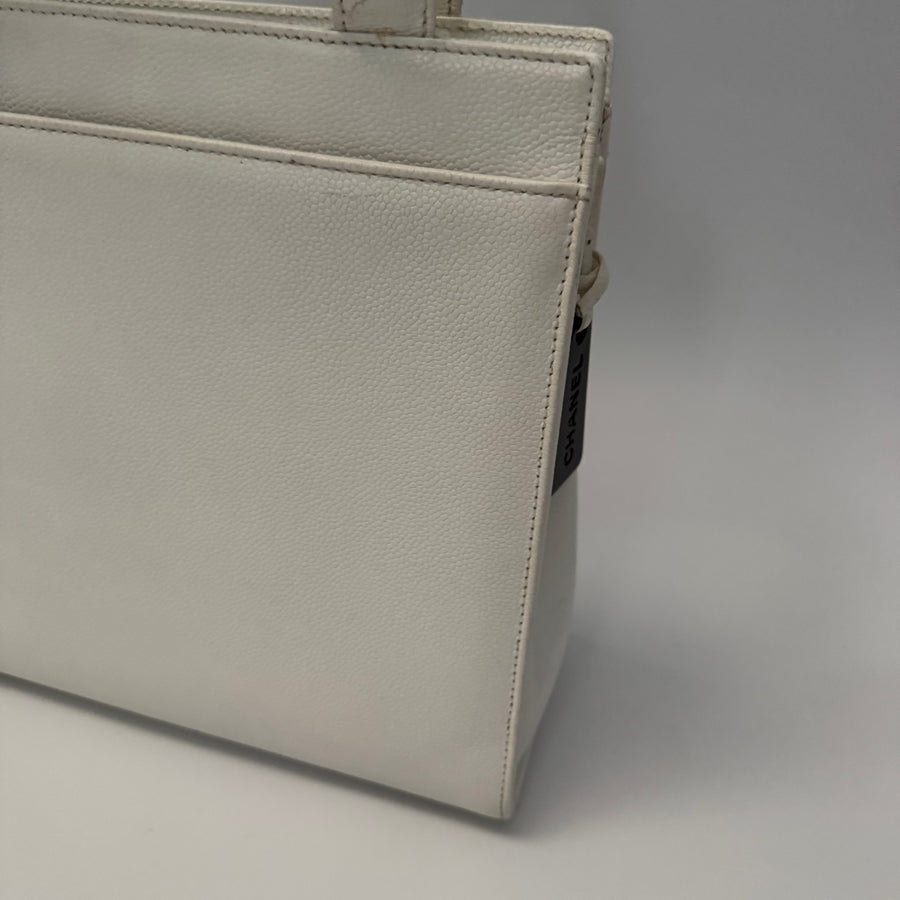 Chanel Vintage CC Lock Tote Caviar Medium White Leather
