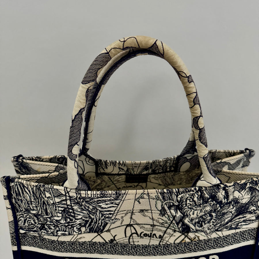CHRISTIAN DIOR Canvas Embroidered Around The World Book Large Tote Blue