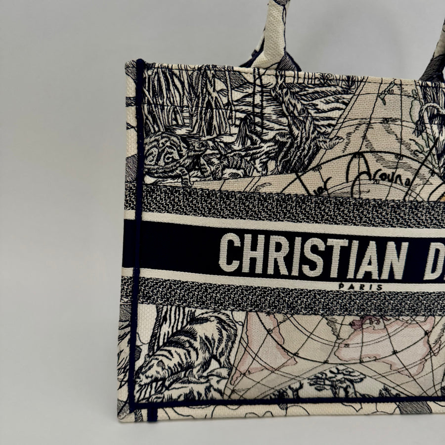 CHRISTIAN DIOR Canvas Embroidered Around The World Book Large Tote Blue