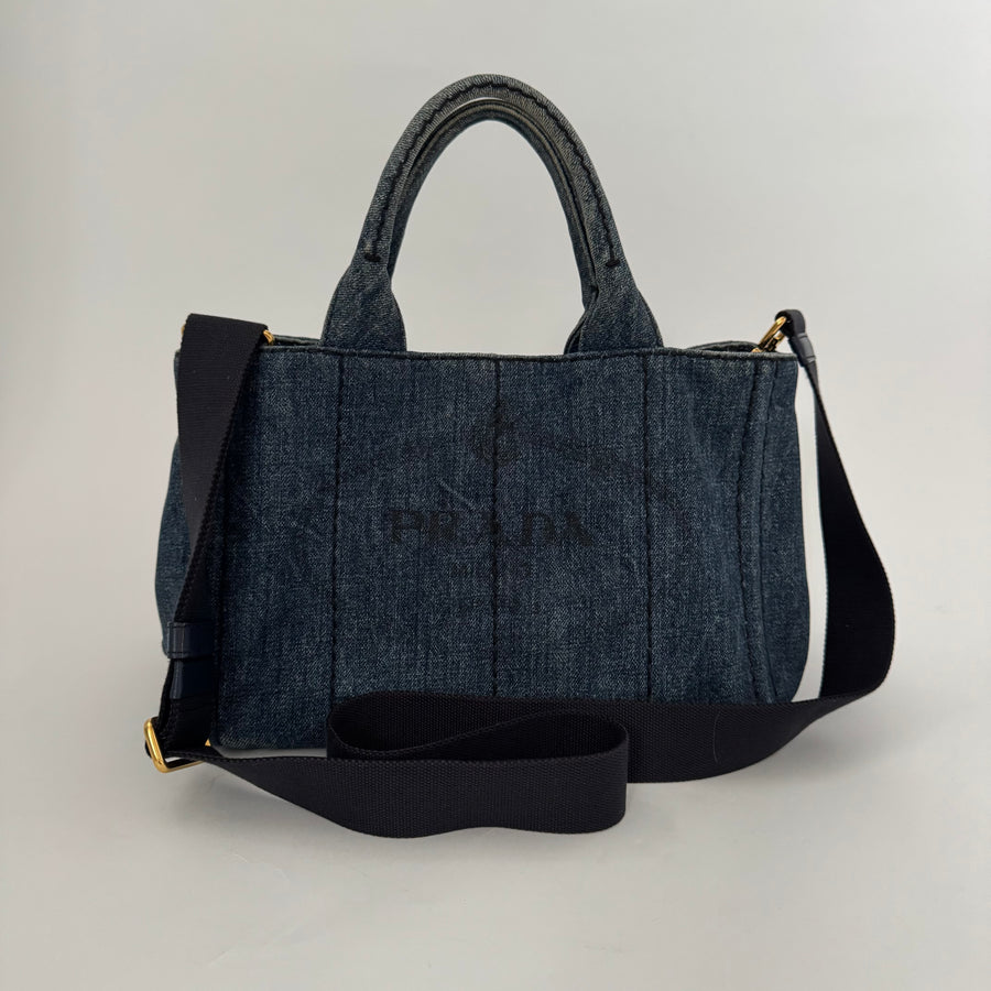 PRADA Denim Canapa Logo Tote Bleu