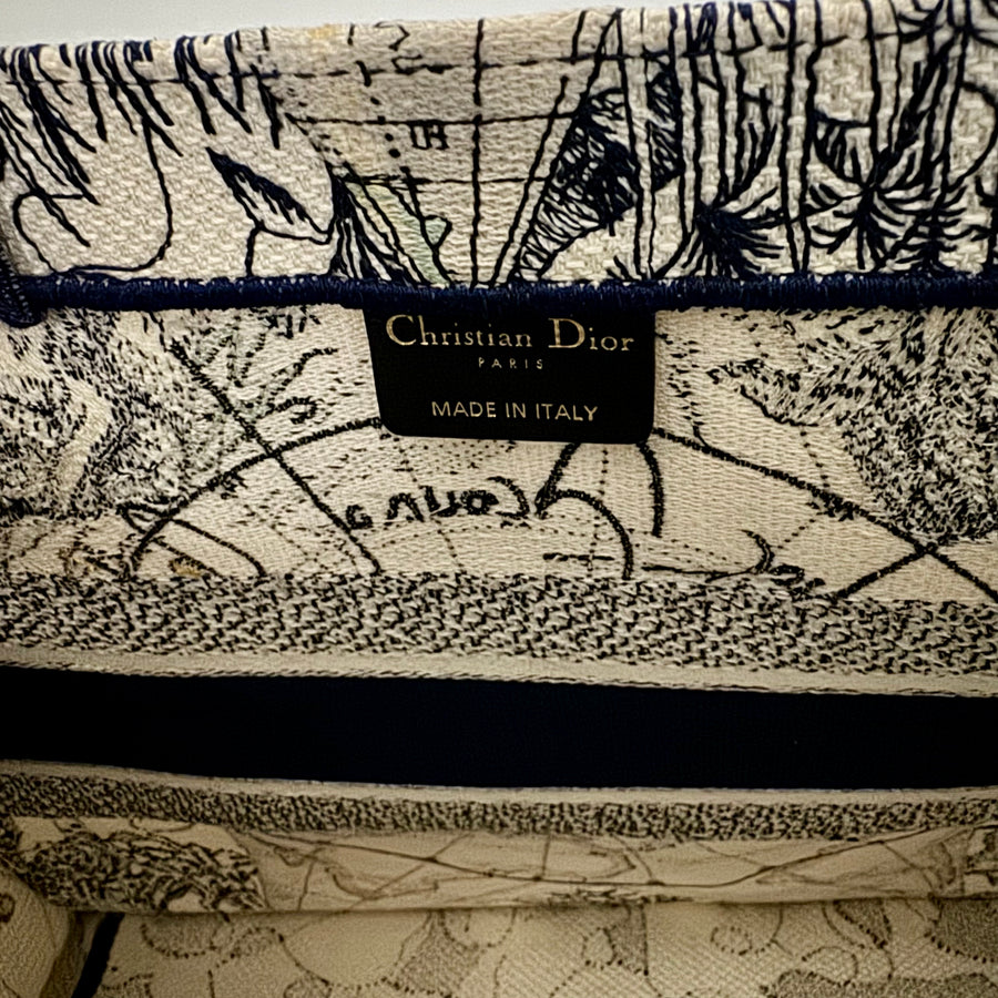 CHRISTIAN DIOR Canvas Embroidered Around The World Book Large Tote Blue