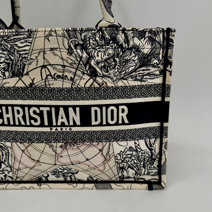 CHRISTIAN DIOR Canvas Embroidered Around The World Book Large Tote Blue