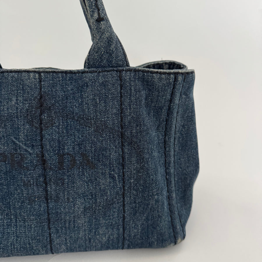 PRADA Denim Canapa Logo Tote Bleu