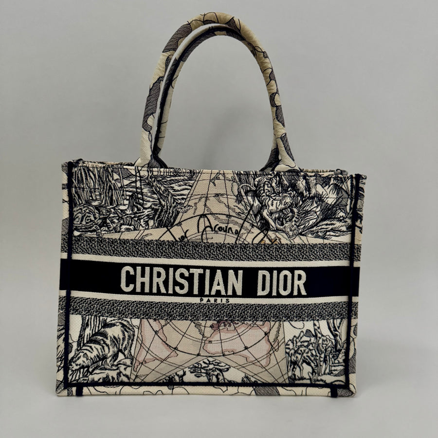 CHRISTIAN DIOR Canvas Embroidered Around The World Book Large Tote Blue