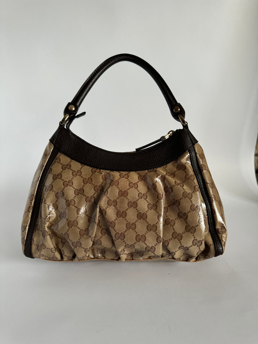 Gucci GG Crystal Coated Canvas Abbey Shoulder Bag small brown