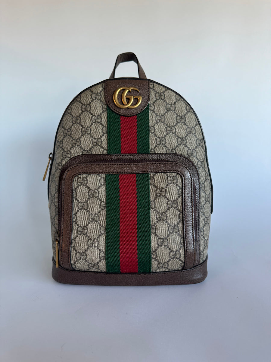 Gucci GG Supreme Monogram Calfskin Web Small Ophidia Day Backpack Beige Ebony New Acero