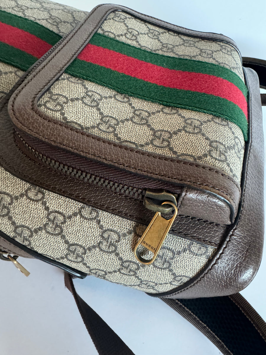 Gucci GG Supreme Monogram Calfskin Web Small Ophidia Day Backpack Beige Ebony New Acero