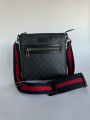 Gucci GG Supreme Monogram Web Small Flat Messenger Bag Black Grey