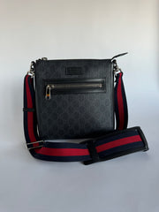 Gucci GG Supreme Monogram Web Small Flat Messenger Bag Black Grey