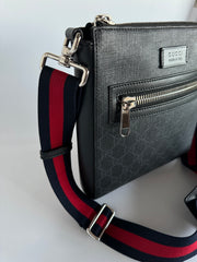 Gucci GG Supreme Monogram Web Small Flat Messenger Bag Black Grey