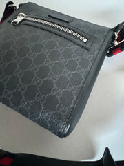 Gucci GG Supreme Monogram Web Small Flat Messenger Bag Black Grey