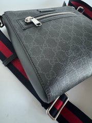 Gucci GG Supreme Monogram Web Small Flat Messenger Bag Black Grey